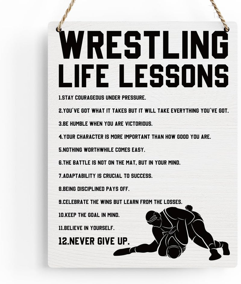 BELLOWDEER Wrestling Life Lessons Wooden Hanging Sign Inspirational Wrestling Wall Art Decor, Wrestling Wall Hanging Decor Signs for Home Office Bedroom Decoration 8x10 Inches - Image 1